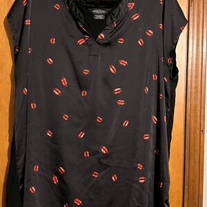 Michel Studio Black Blouse with Red Lip Pattern